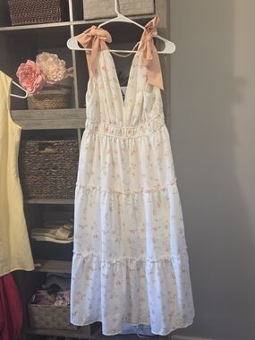 White Floral Maxi Dress with Peach Tie Straps